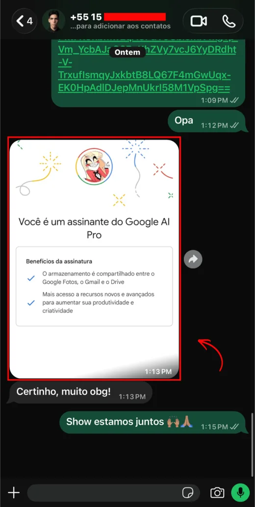 Cliente confirmando que virou assinante do Google AI Pro