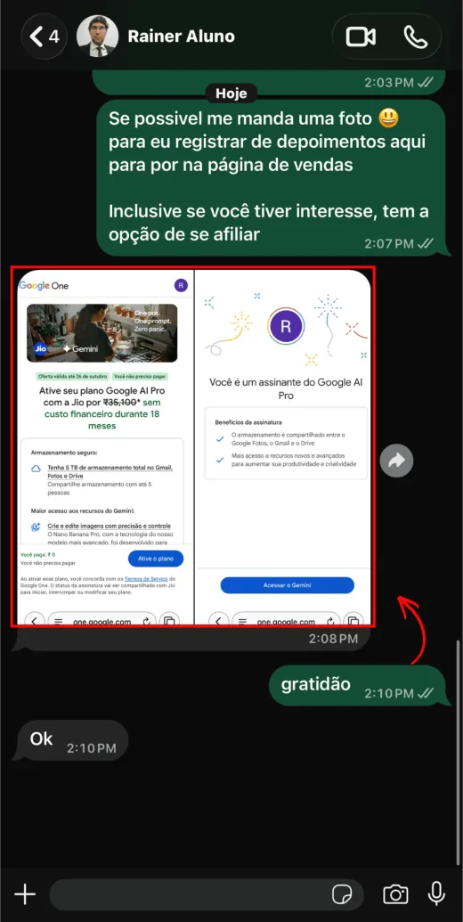 Aluno mostrando o plano Google AI Pro ativado